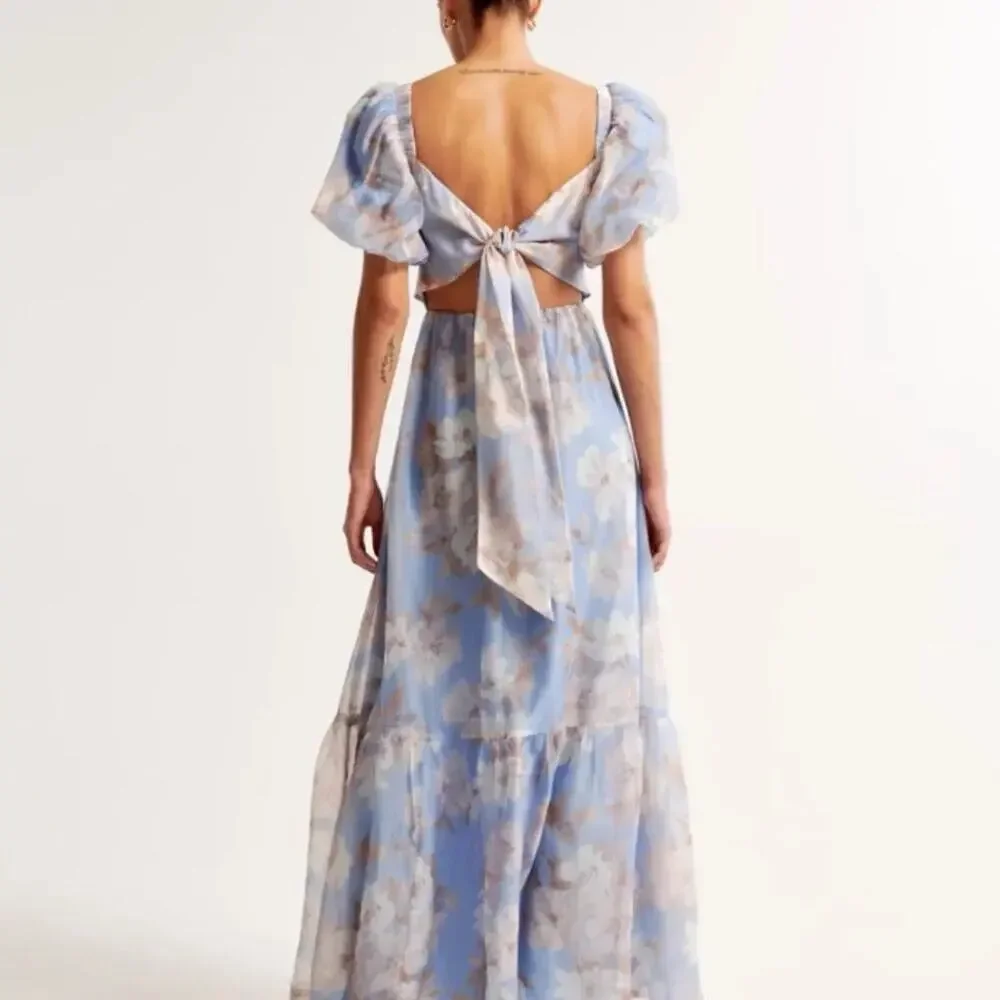 Abercrombie Emerson Drama Bow Back Floral Organza Maxi Dress Blue Large